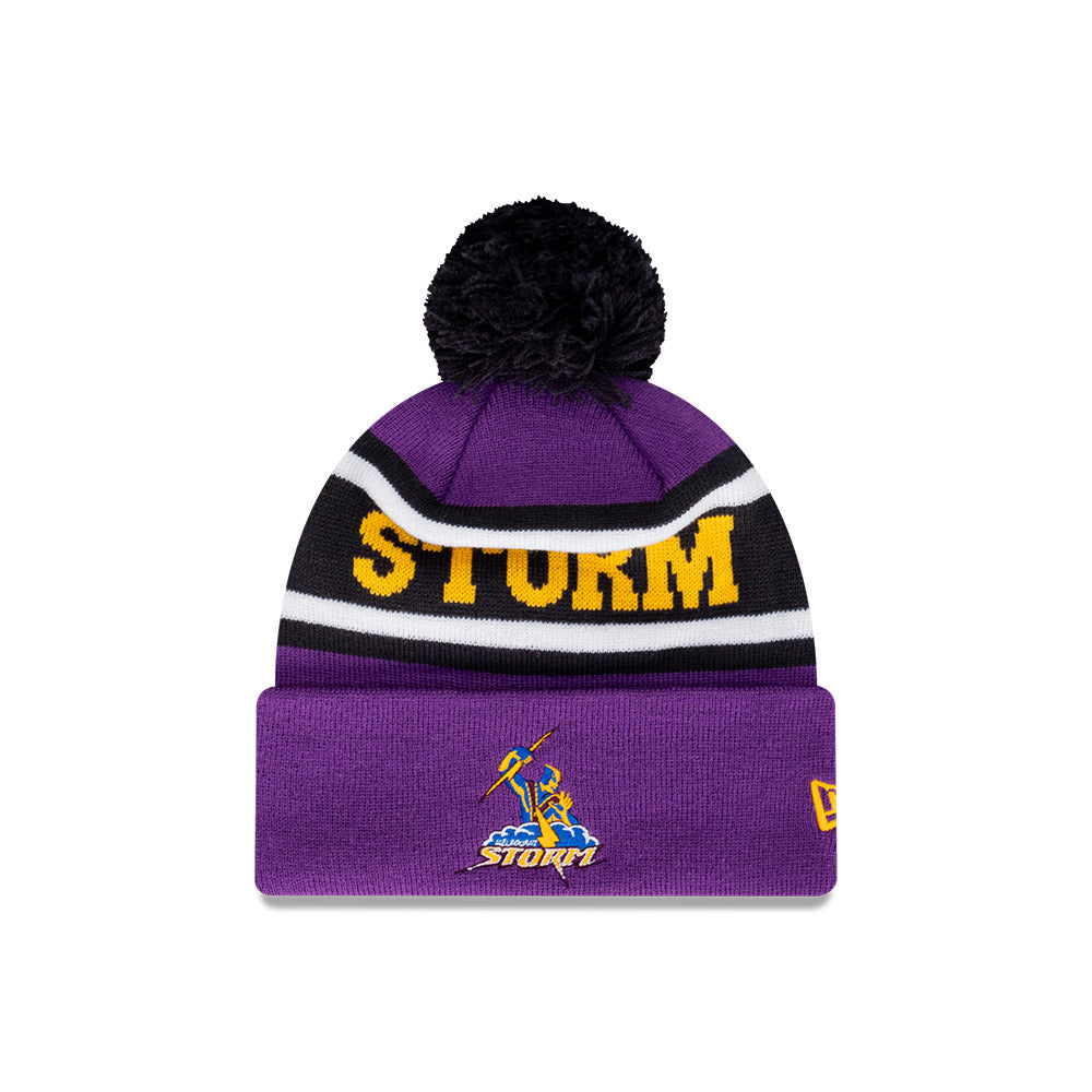 Melbourne Storm Beanie - 2024 NRL Purple Retro Spellout Pom Knit - New Era