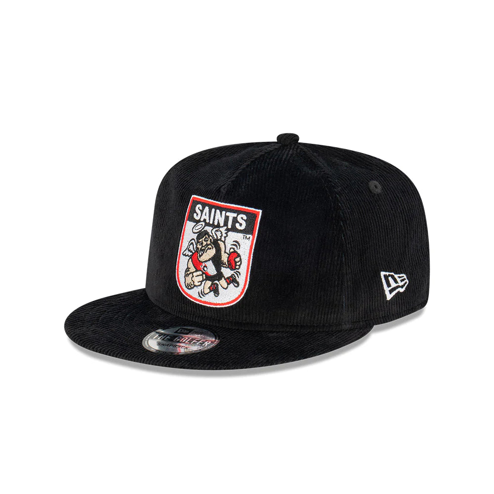 St Kilda Saints Hat - 2023 AFL Mascot Black Corduroy The Golfer Snapback Cap - New Era