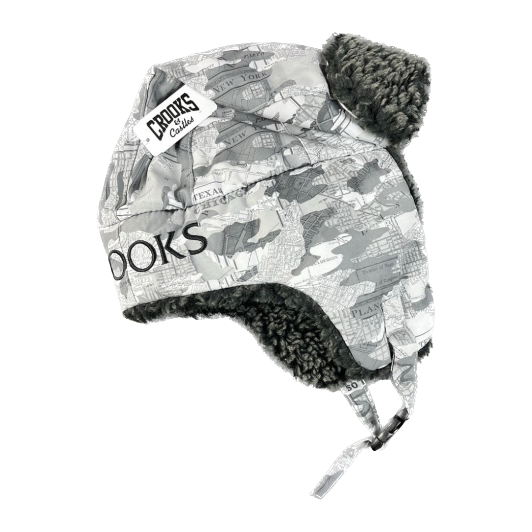 Winter Trooper Beanie Hat - Grey Map Camo Trenches - Crooks & Castles 