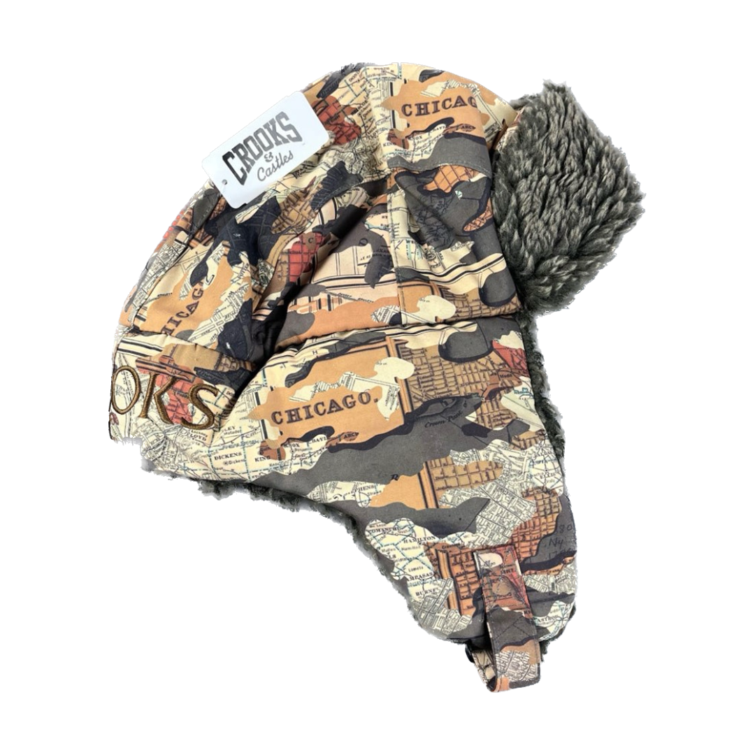 Winter Trooper Beanie Hat - Brown Map Camo Trenches - Crooks & Castles 