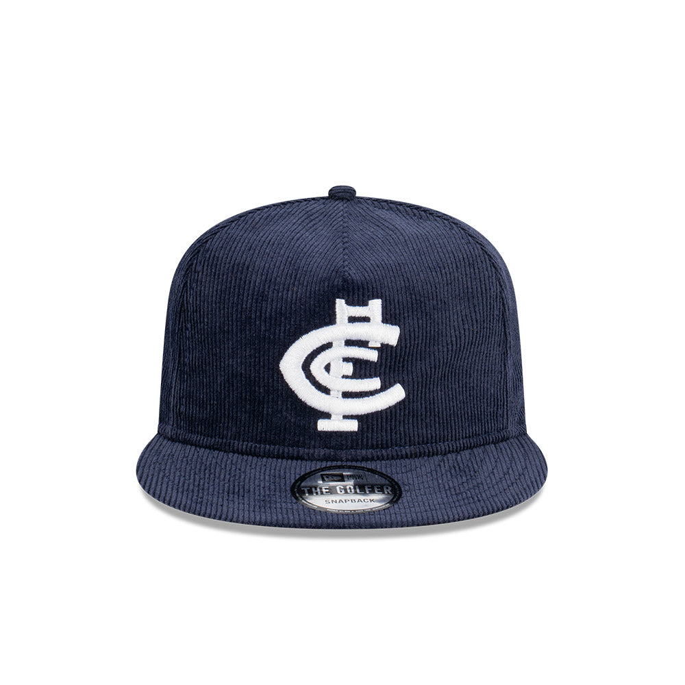 Carlton Blues Hat - 2023 AFL Navy Corduroy The Golfer Snapback - New Era
