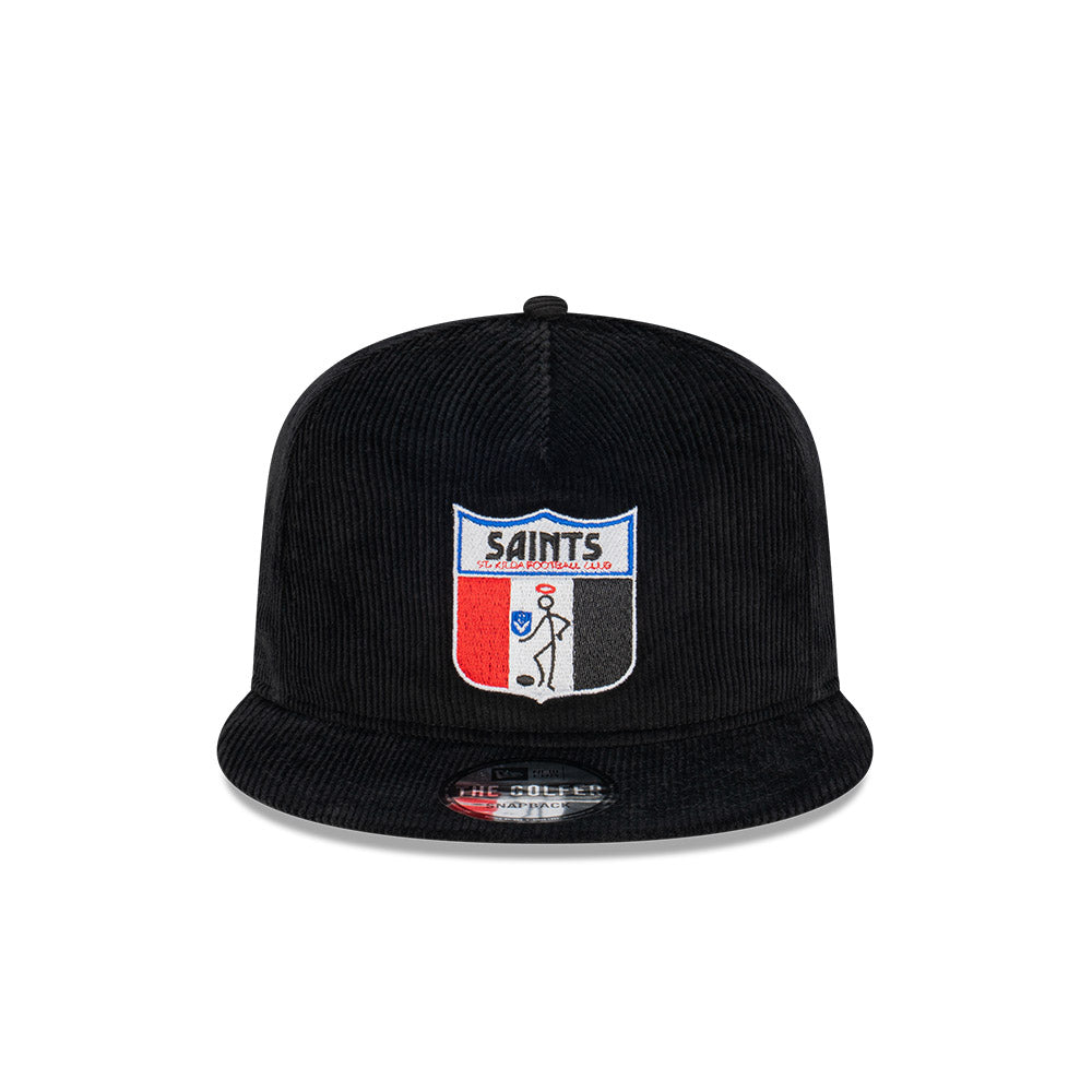 St Kilda Saints Hat - 2023 AFL Retro Black Corduroy The Golfer Snapback - New Era