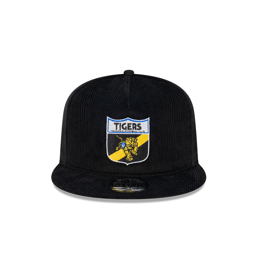 Richmond Tigers Hat - 2023 AFL Retro Black Corduroy The Golfer Snapback - New Era