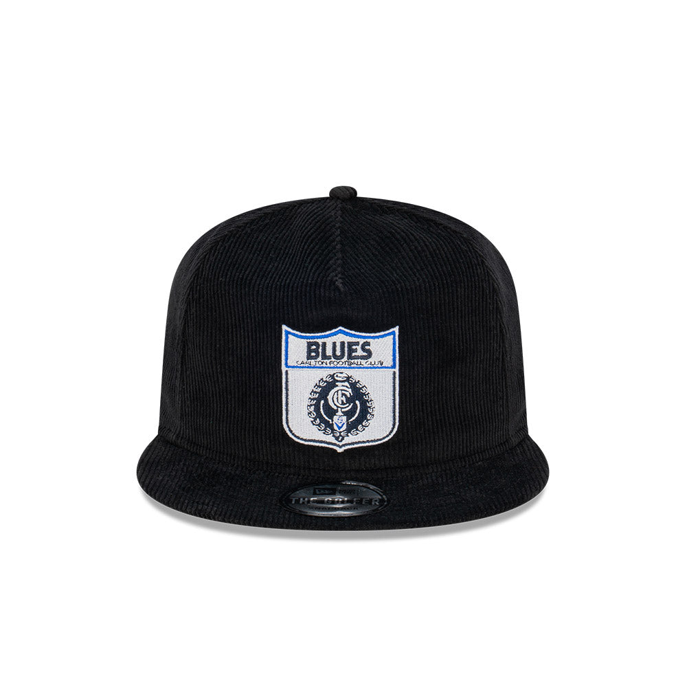 Carlton Blues Hat - 2023 AFL Retro Black Corduroy The Golfer Snapback - New Era