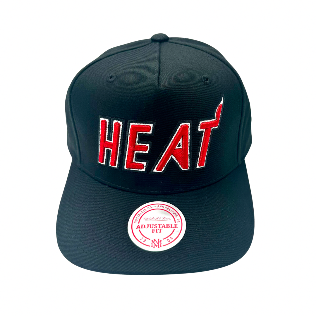 Miami Heat Hat - Black NBA Team Colour Wordmark Logo Snapback Cap - Mitchell & Ness