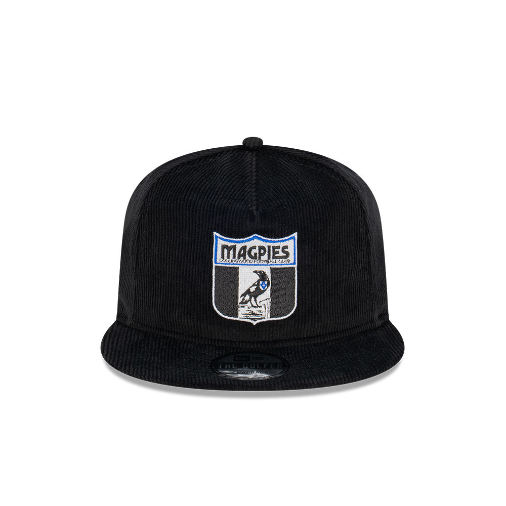 Collingwood Magpies Hat - 2023 AFL Retro Black Corduroy The Golfer Snapback - New Era