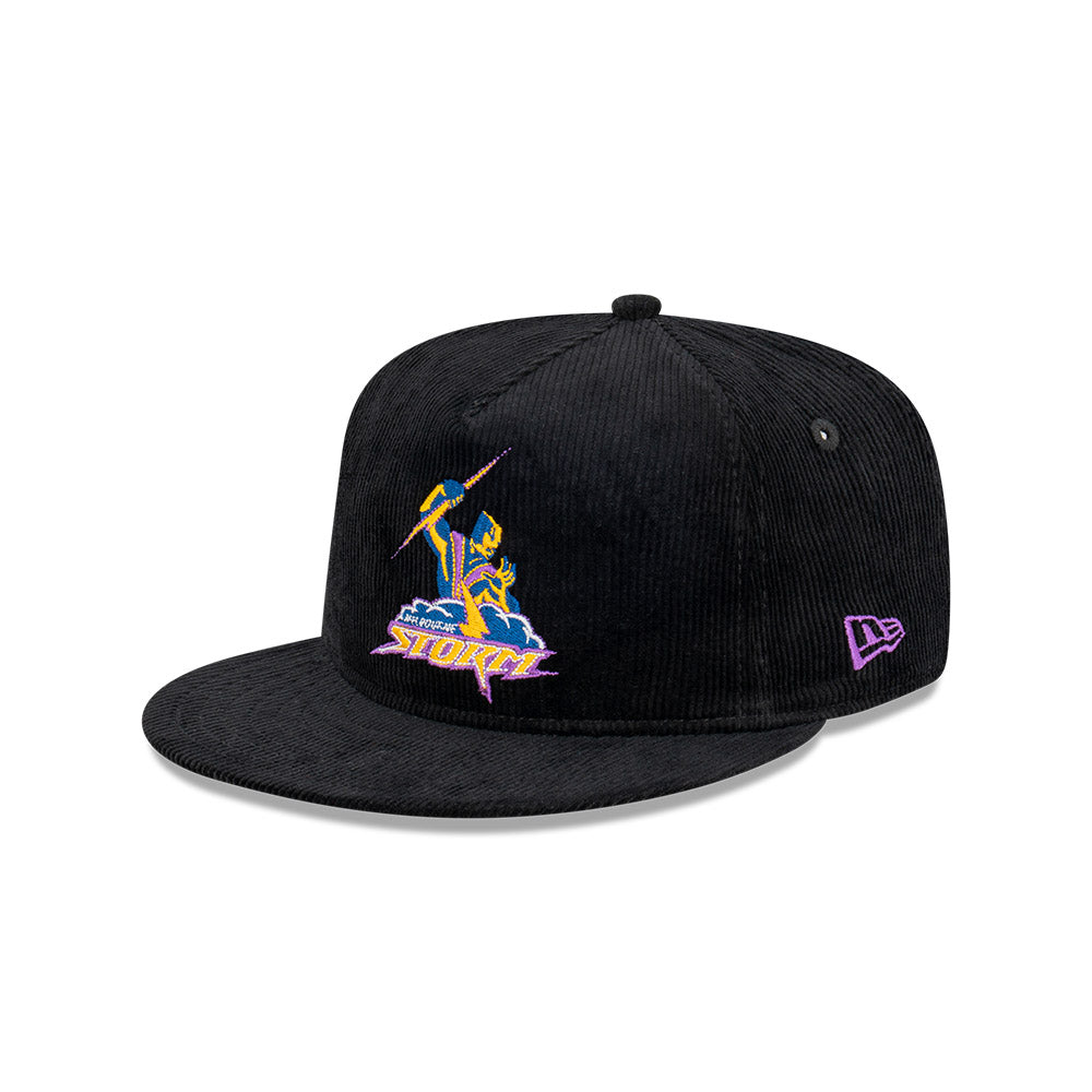 Melbourne Storm Hat - 2023 NRL Retro Black Corduroy The Golfer Snapback - New Era