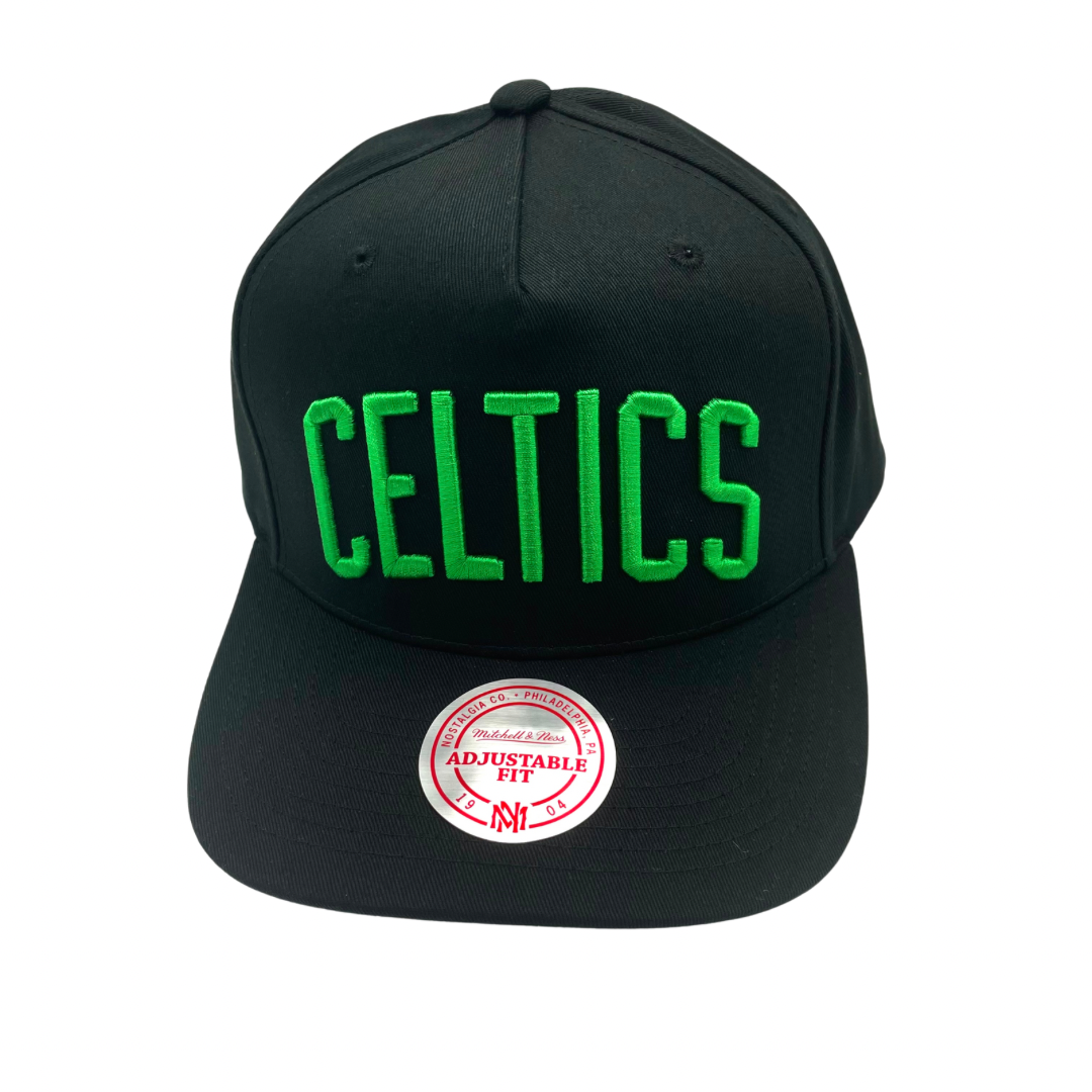 Boston Celtics Hat - Black NBA Team Colour Script Logo Snapback Cap - Mitchell & Ness