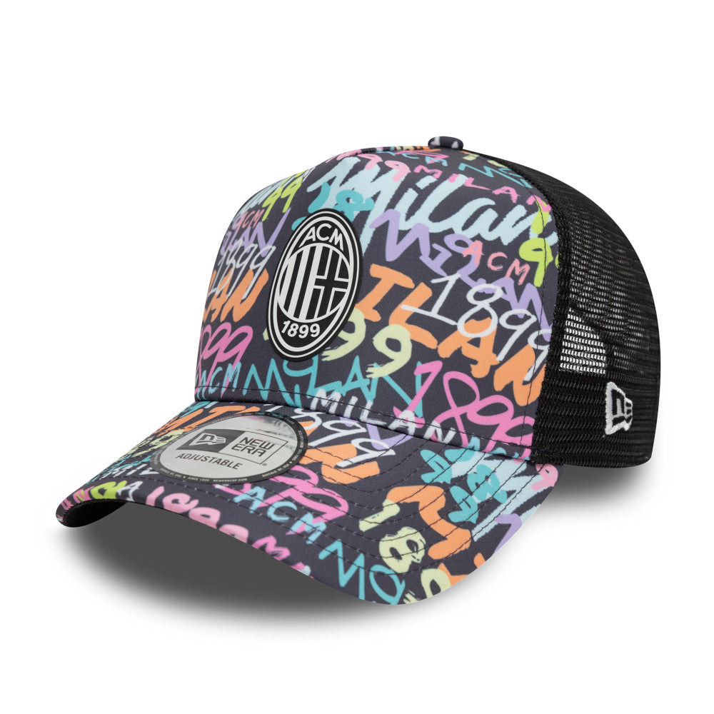 AC Milan FC Hat - Black Graffiti AOP EF Serie A 9Forty A-Frame Trucker Snapback Cap - New Era