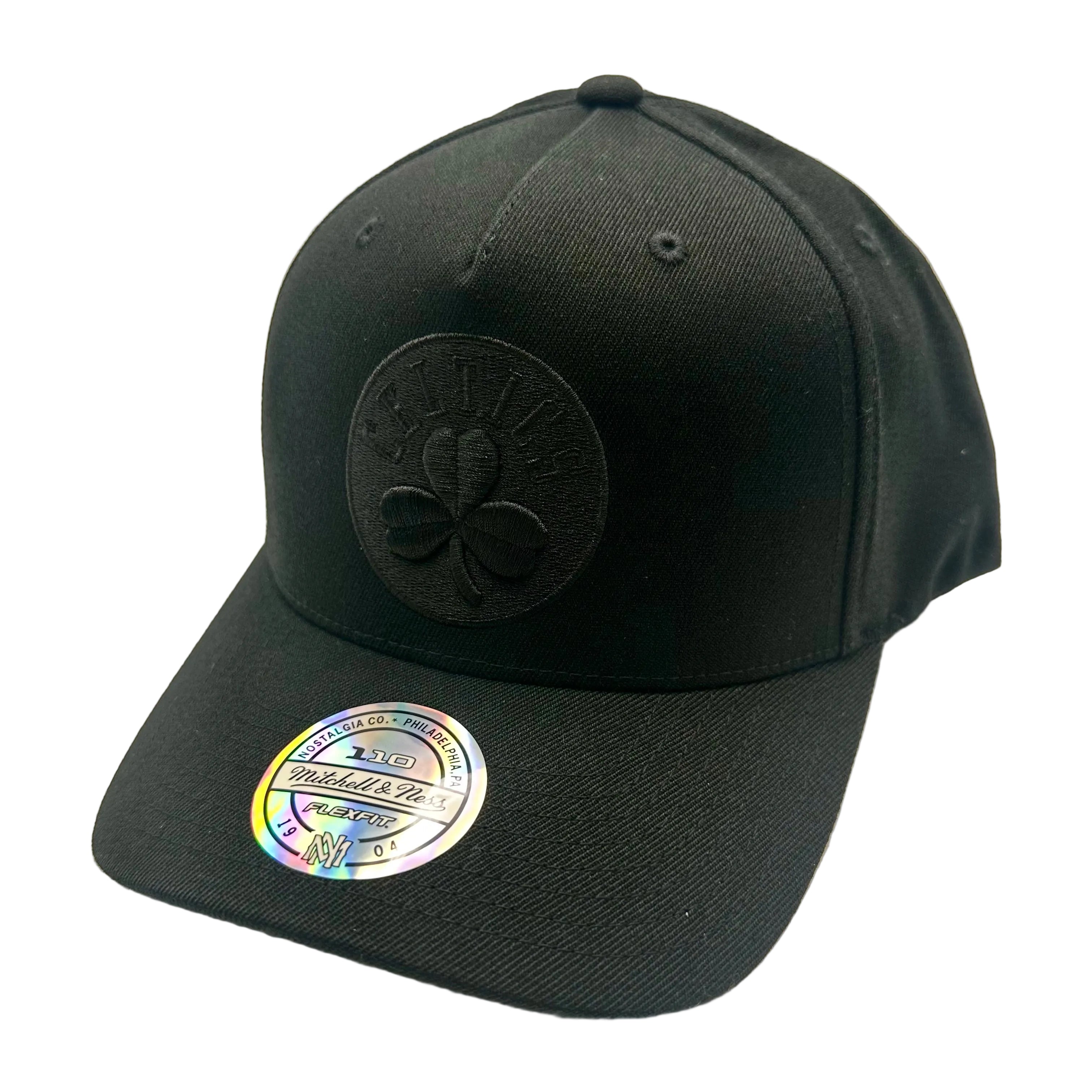 Boston Celtics Hat - Black on Black 110 Flexfit NBA Basketball Snapback Cap - Mitchell & Ness