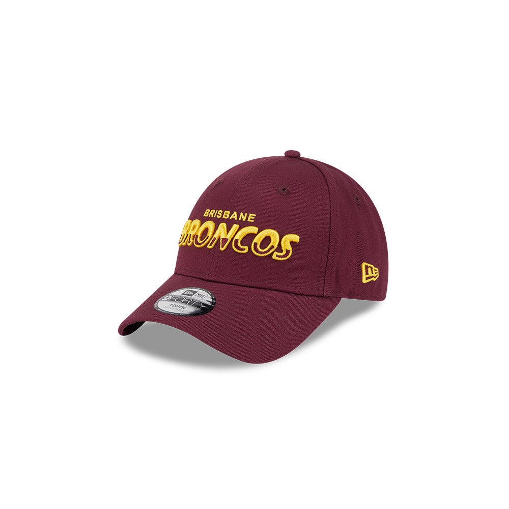 Brisbane Broncos Youth Hat - NRL Split Script Maroon OTC 9Forty Kids Strapback Cap - New Era