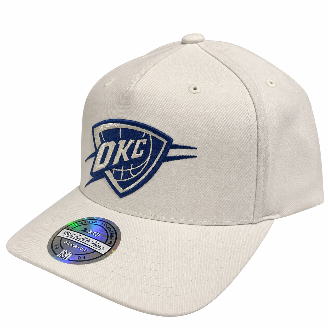Oklahoma City Thunder Hat - Cream White Navy 110 Flexfit NBA Basketball Snapback Cap - Mitchell & Ness