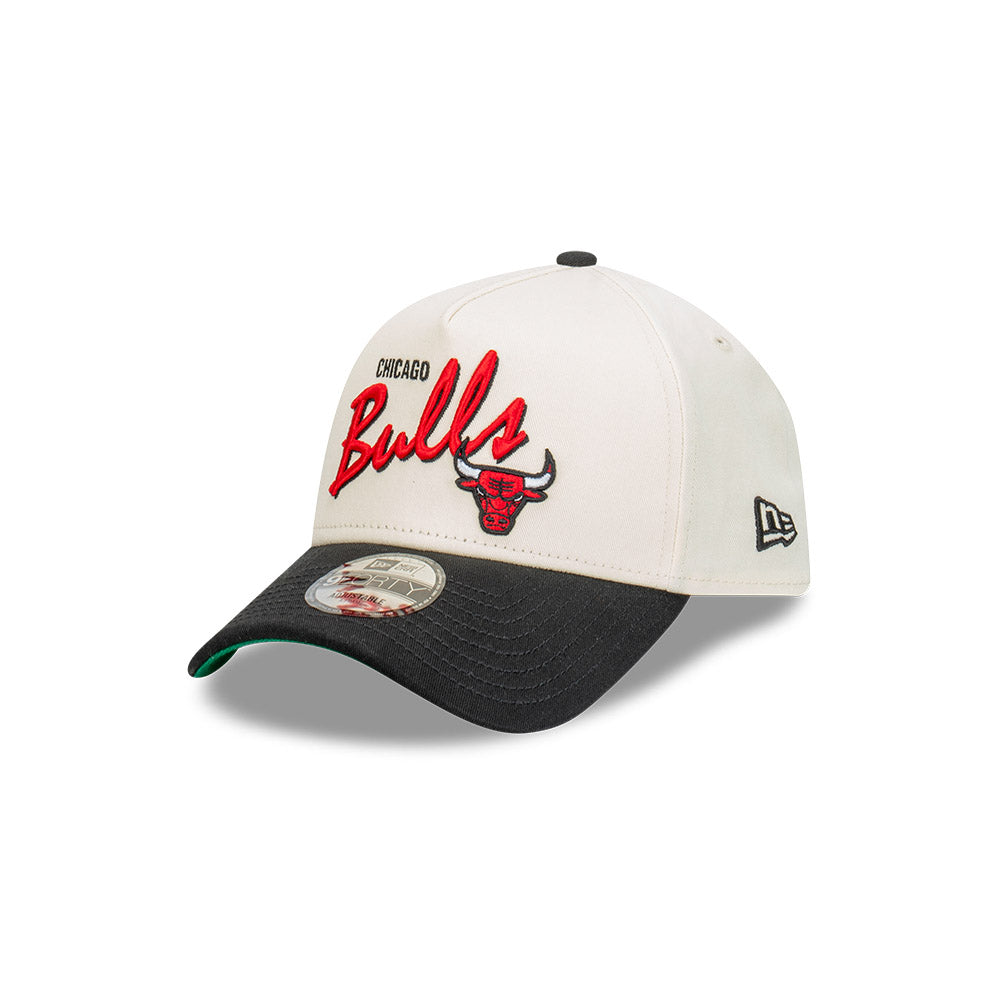 Chicago Bulls Hat - Chrome White Black Script 2-Tone 9Forty A-Frame NBA Snapback Cap - New Era