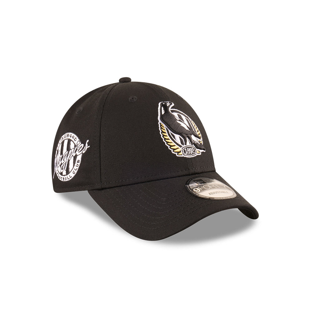Collingwood Magpies Youth Hat - AFL 2025 Badged Black OTC 9Forty Kids Strapback Cap - New Era