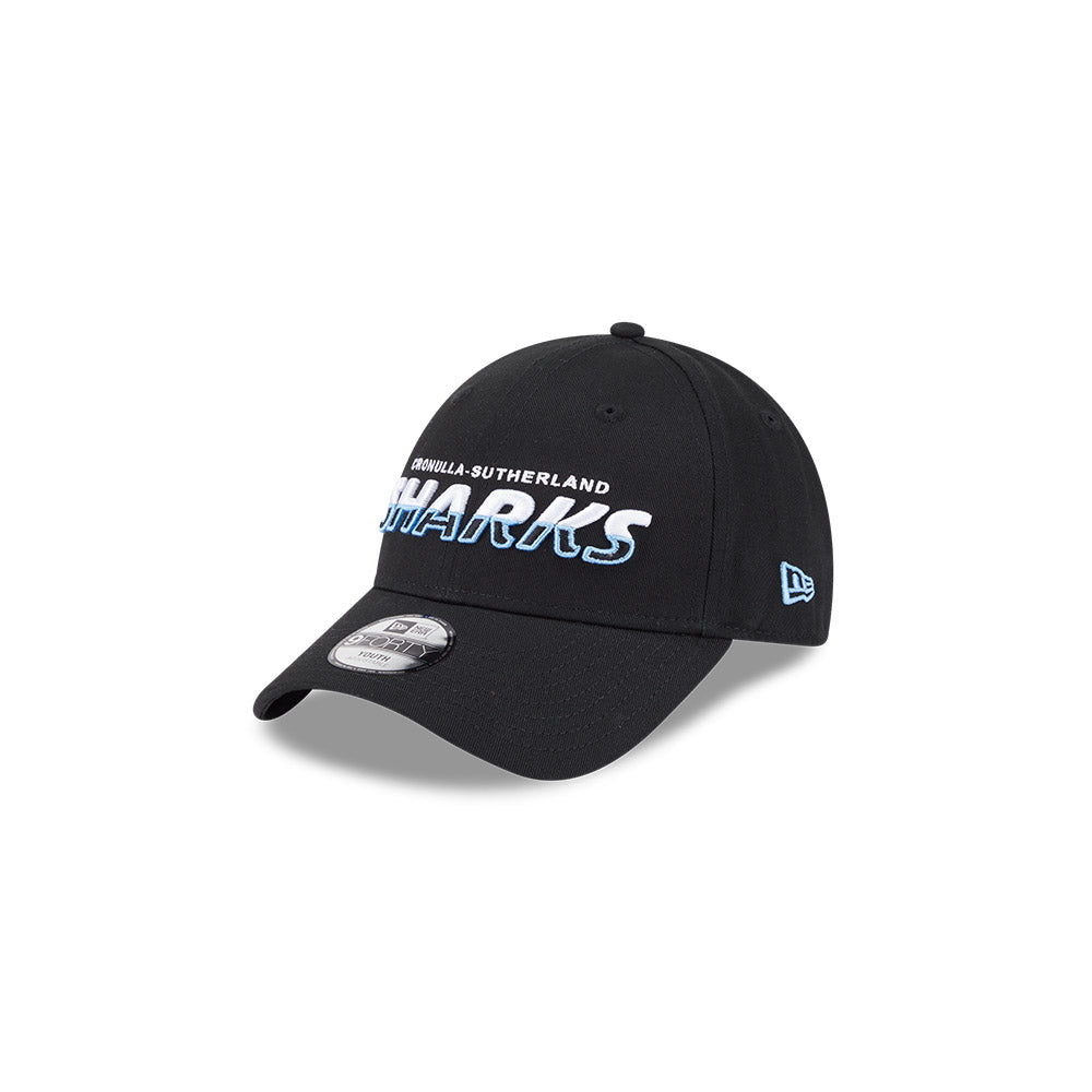 Cronulla-Sutherland Sharks Youth Hat - NRL Split Script Black OTC 9Forty Kids Strapback Cap - New Era