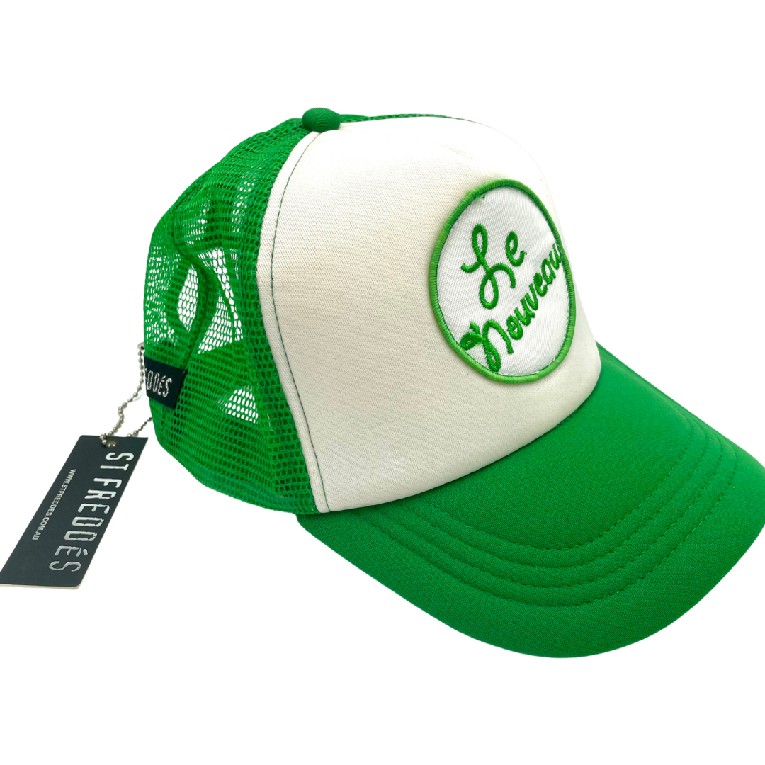 St Freddes Trucker Hat - Green White 2-tone Le Nouveau Lettering Foam Palette Trucker Snapback