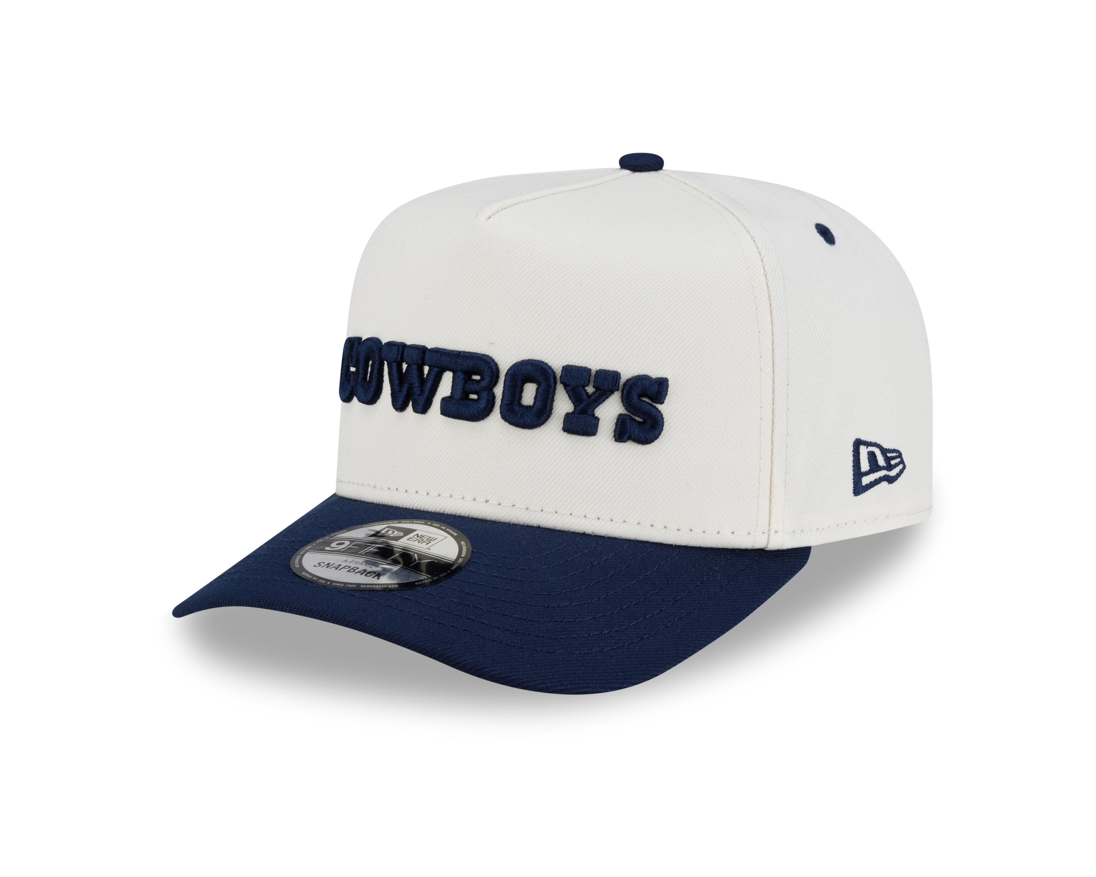 Dallas Cowboys Hat - Chrome White Navy 2Tone Team Script NFL 9Fifty A-Frame Snapback Cap - New Era