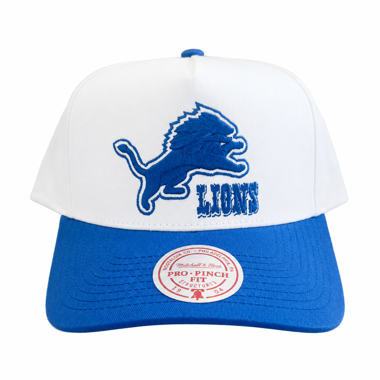 Detroit Lions Hat - 2Tone White Team Colour Pro Pinch NFL Snapback Cap - Mitchell & Ness