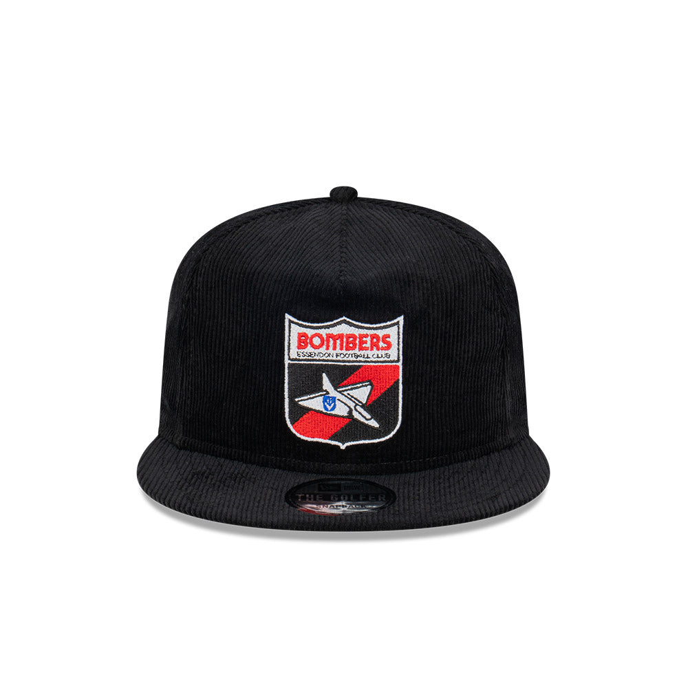 Essendon Bombers Hat - 2023 AFL Retro Black Corduroy The Golfer Snapback - New Era