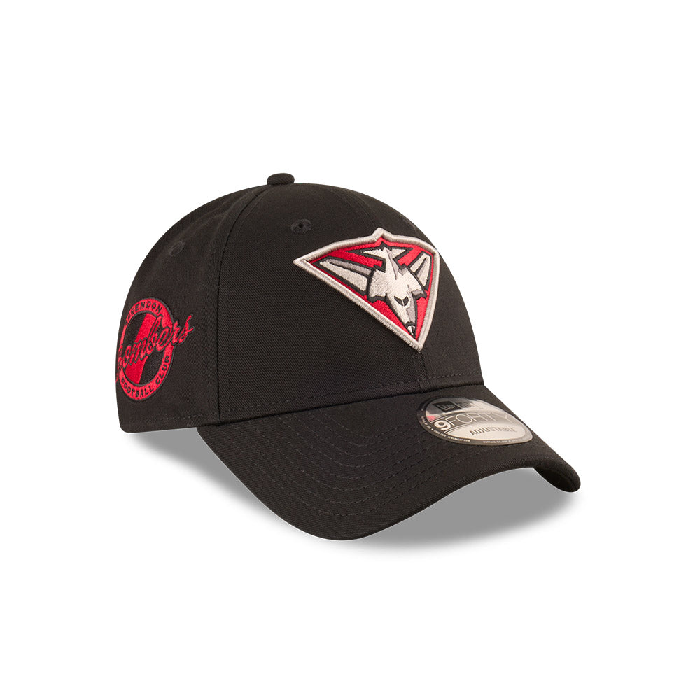 Essendon Bombers Hat - 2025 AFL Badged Black OTC 9Forty Strapback Cap - New Era