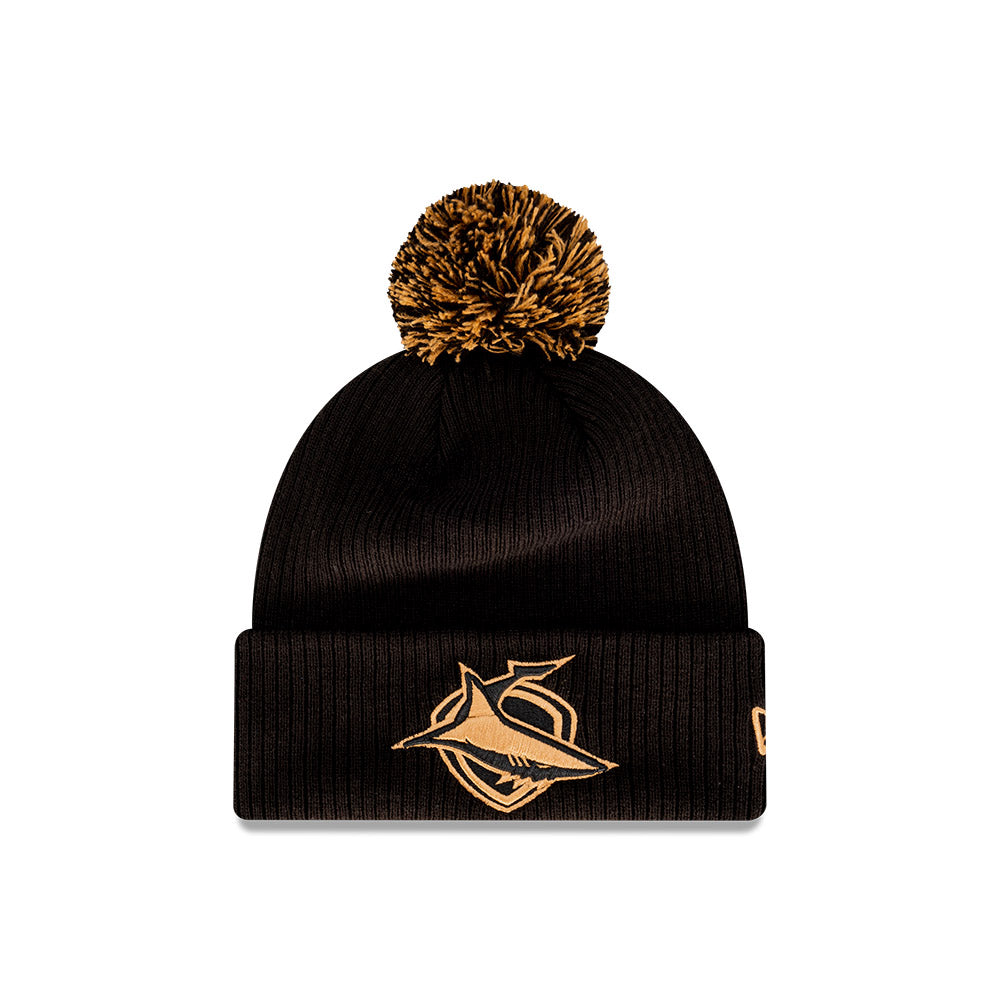 Cronulla-Sutherland Sharks Beanie - 2023 NRL Black Wheat Collection Pom Knit - New Era