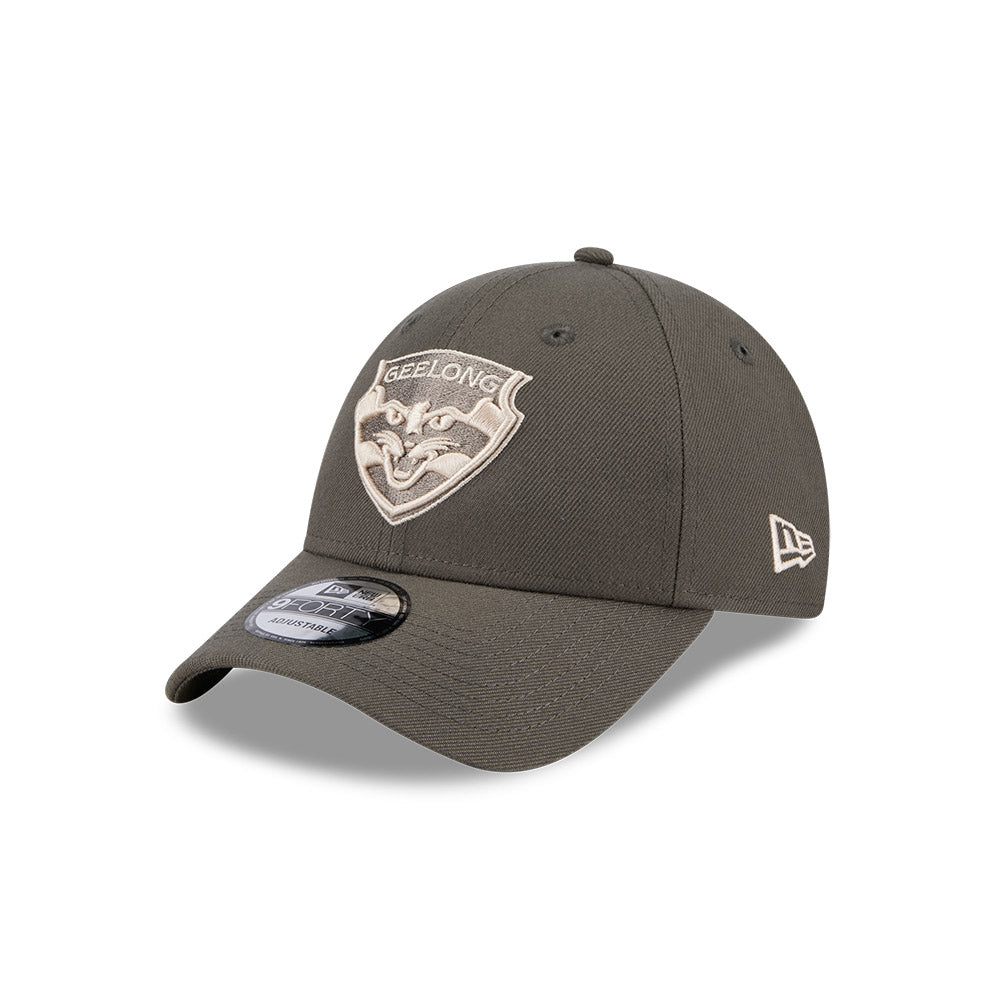 Geelong Cats Hat - AFL 2025 Dusty Charcoal Grey 9Forty Strapback Cap - New Era