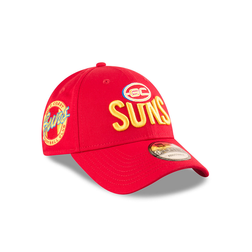 Gold Coast Suns Youth Hat - AFL 2025 Badged Red OTC 9Forty Kids Strapback Cap - New Era