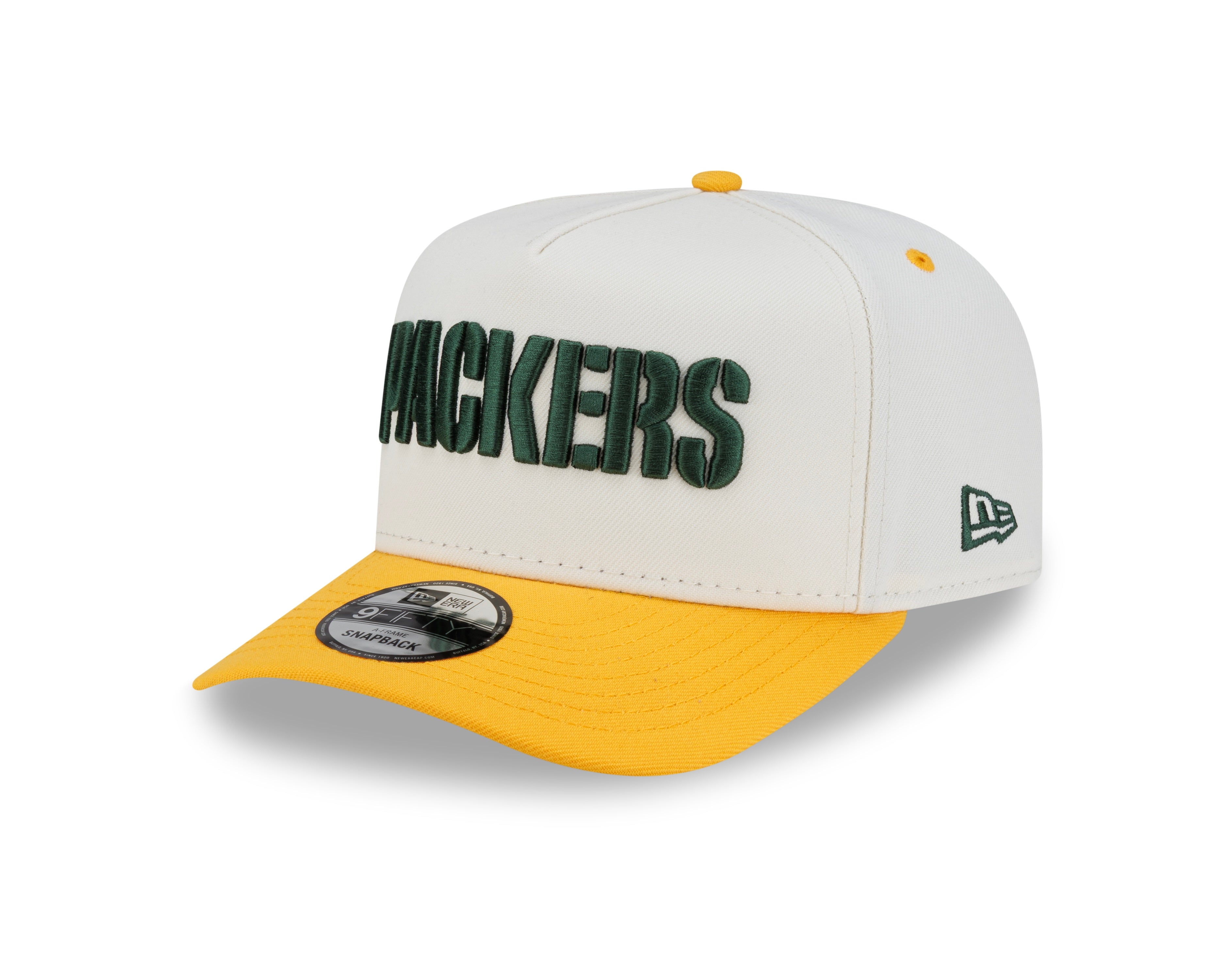 Green Bay Packers Hat - Chrome White Gold 2Tone Team Script NFL 9Fifty A-Frame Snapback Cap - New Era