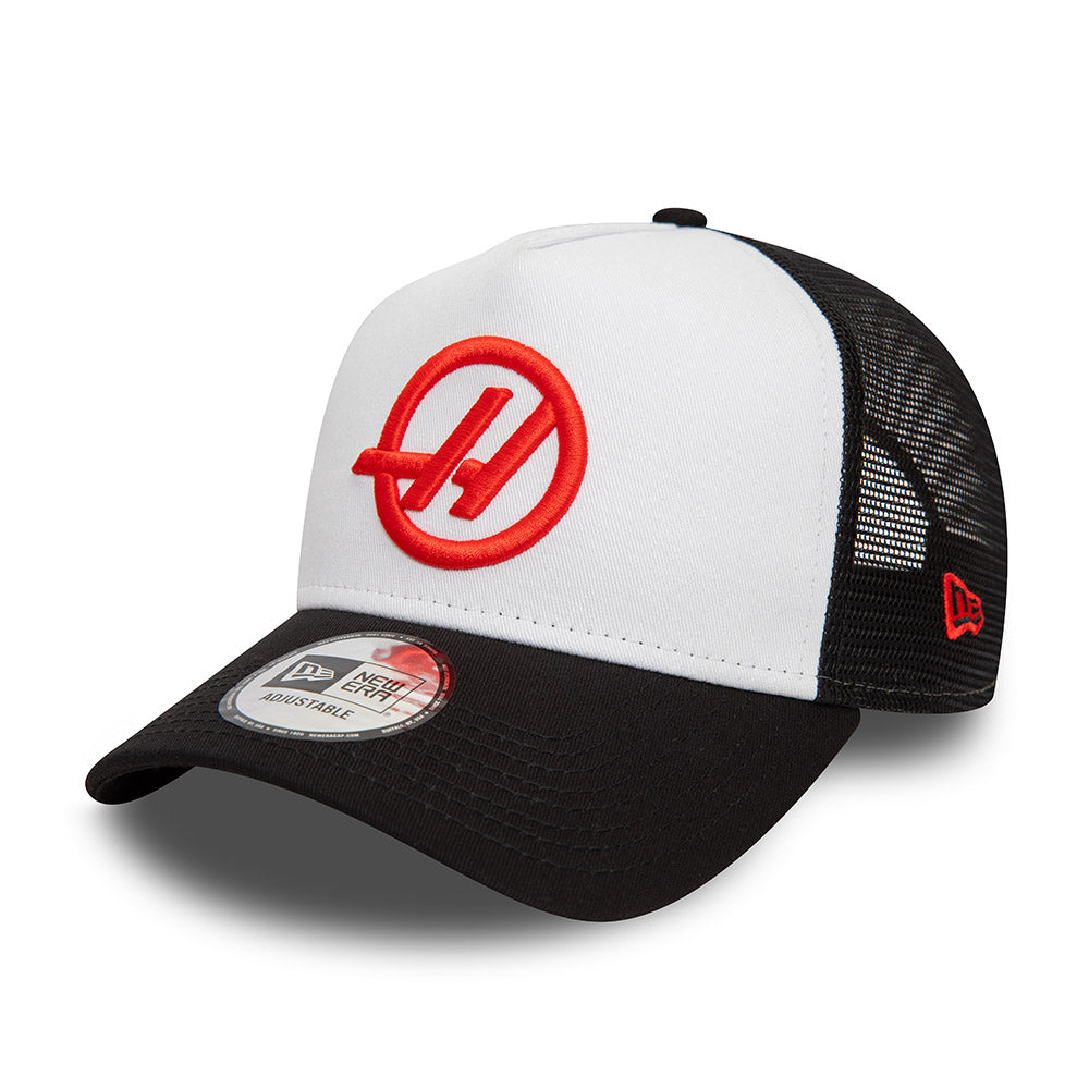 HAAS F1 Racing Hat - 2-Tone Black White 9Forty A-Frame Formula 1 Trucker Snapback Cap - New Era