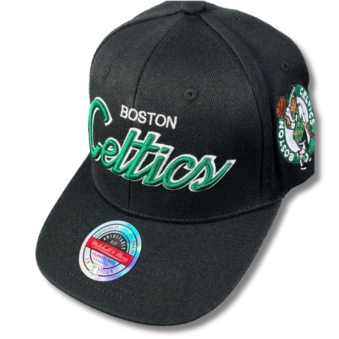 Boston Celtics Hat - Black NBA Team Script 2.0 Stretch Snapback - Mitchell & Ness