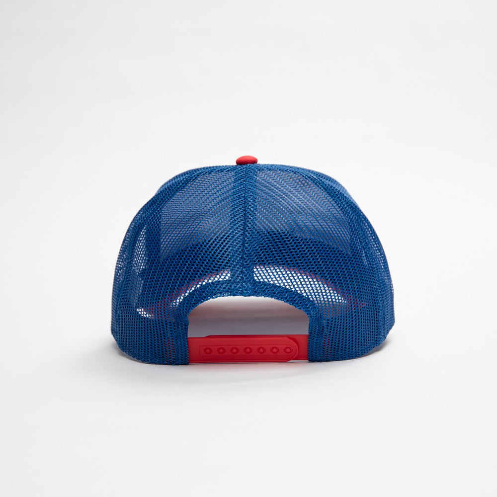 Newcastle Knights Trucker Hat - Blue Red Brushed Canvas Valin NRL Snapback Trucker Cap - American Needle