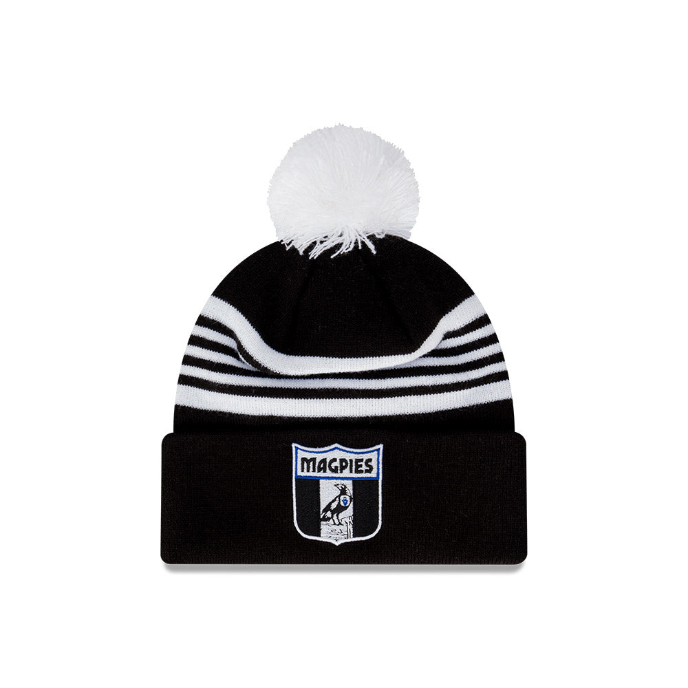 Collingwood Magpies Beanie - 2024 AFL Official Team Colour Retro Collection Pom Knit - New Era