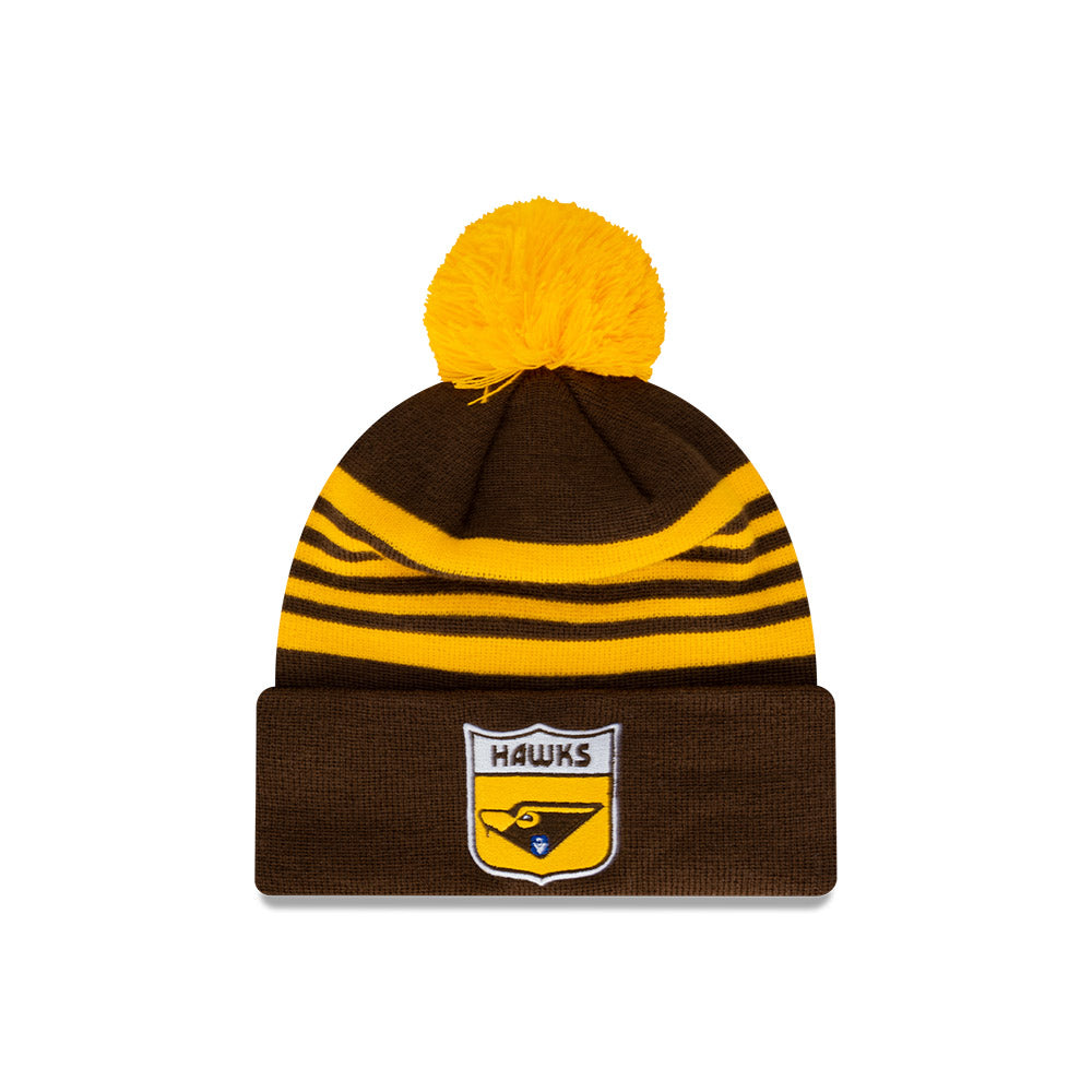 Hawthorn Hawks Beanie - 2024 AFL Official Team Colour Retro Collection Pom Knit - New Era