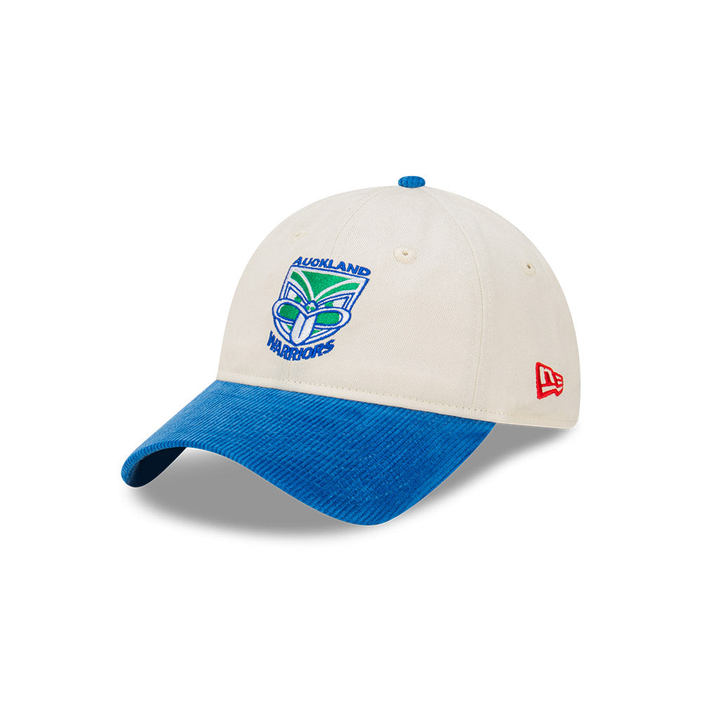 New Zealand Warriors Hat - Retro 2-Tone Chrome Blue Corduroy Contrast 9Twenty NRL Strapback Cap - New Era