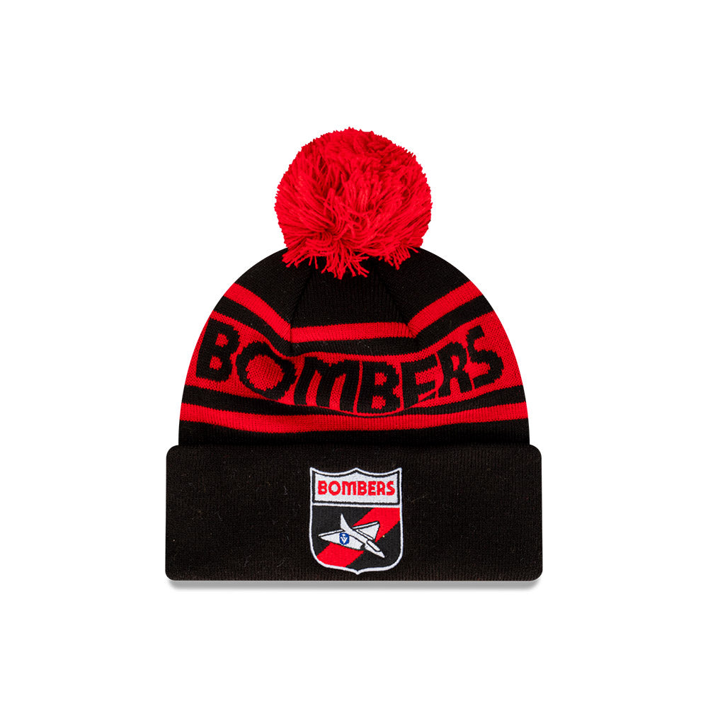 Essendon Bombers Beanie - 2024 AFL Black Retro Spellout Pom Knit - New Era