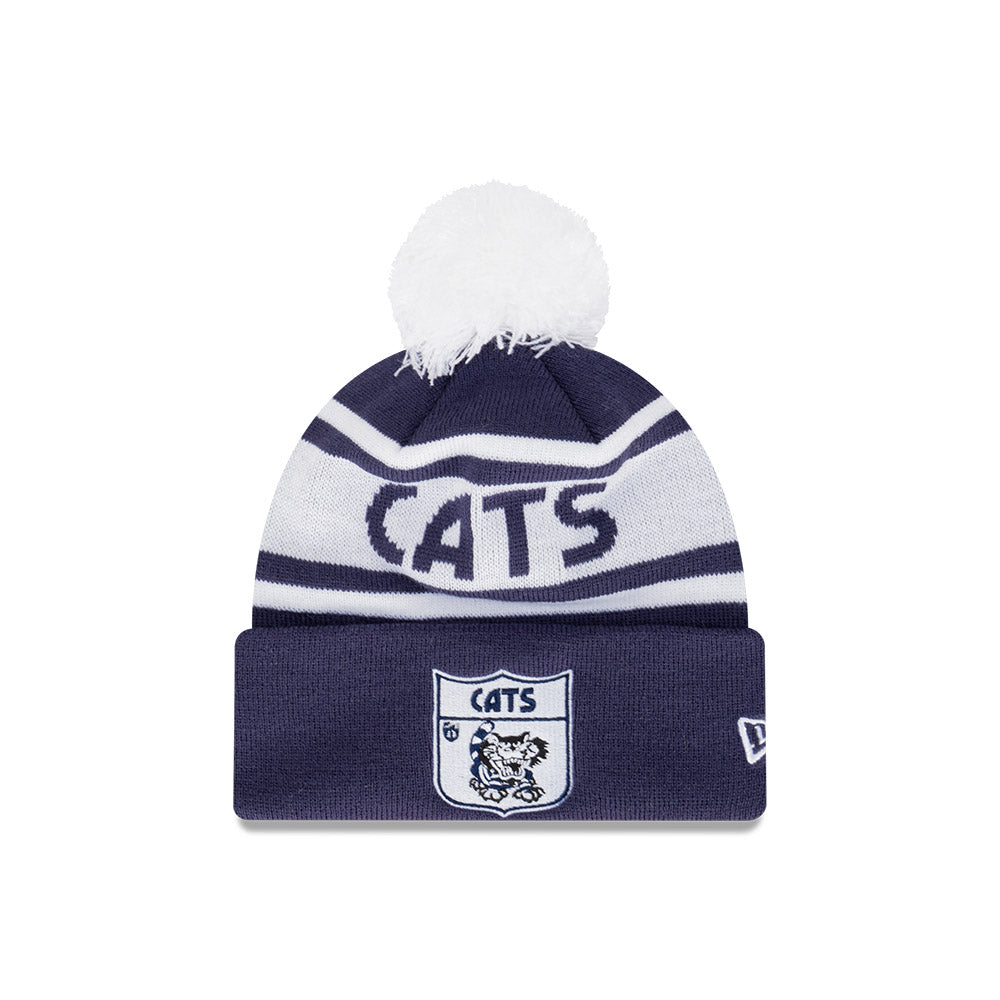 Geelong Cats Beanie - 2024 AFL Navy Blue Retro Spellout Pom Knit - New Era