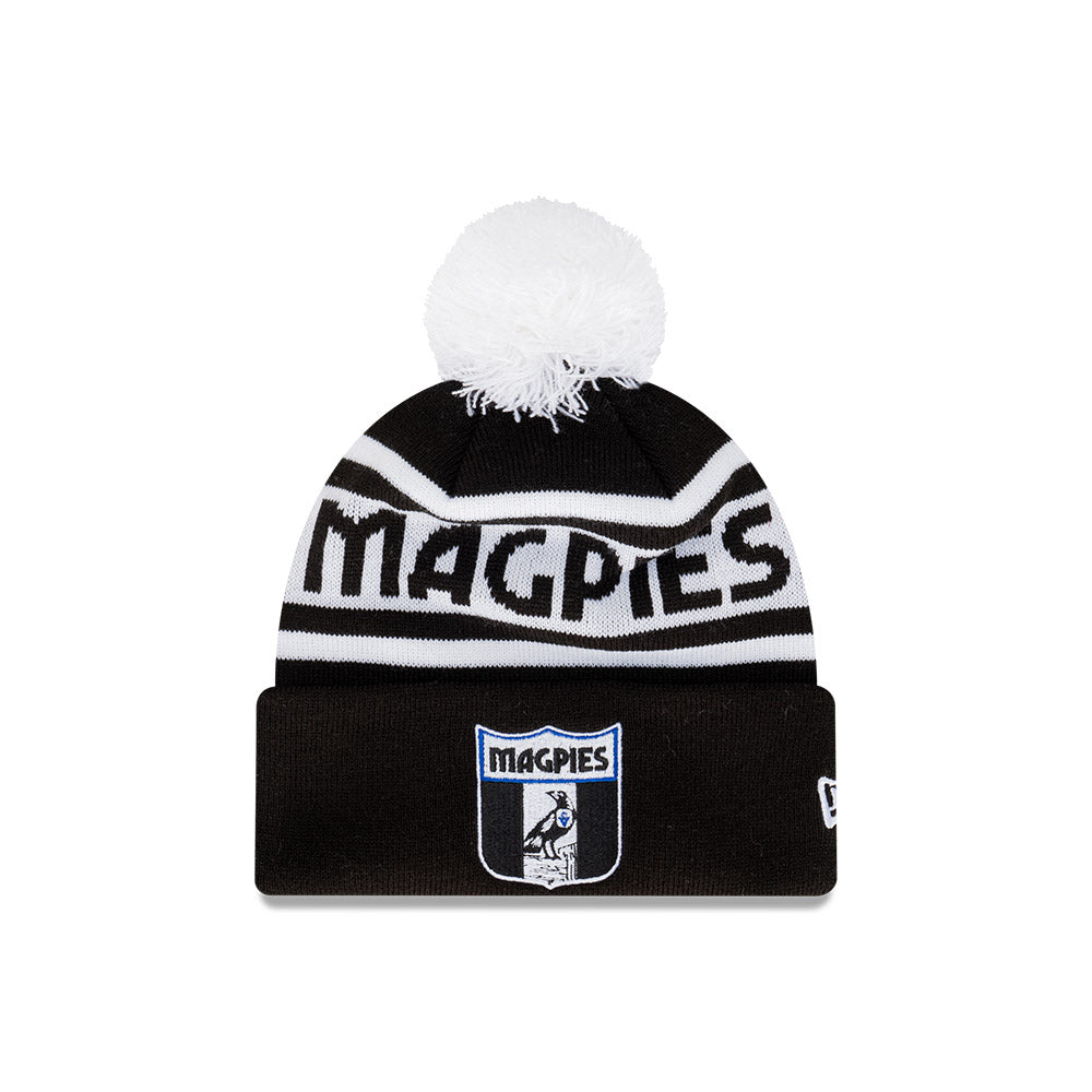 Collingwood Magpies Beanie - 2024 AFL Black Retro Spellout Pom Knit - New Era