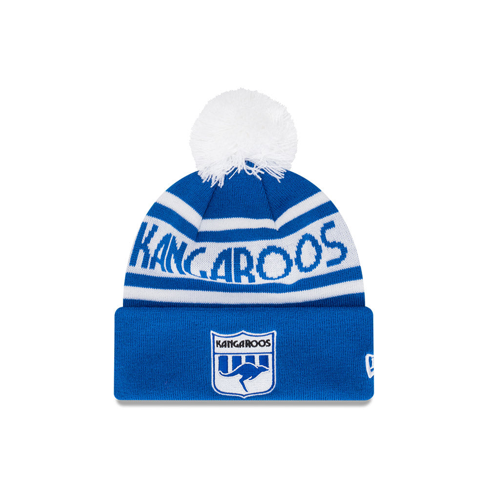 North Melbourne Kangaroos Beanie - 2024 AFL Blue Retro Spellout Pom Knit - New Era