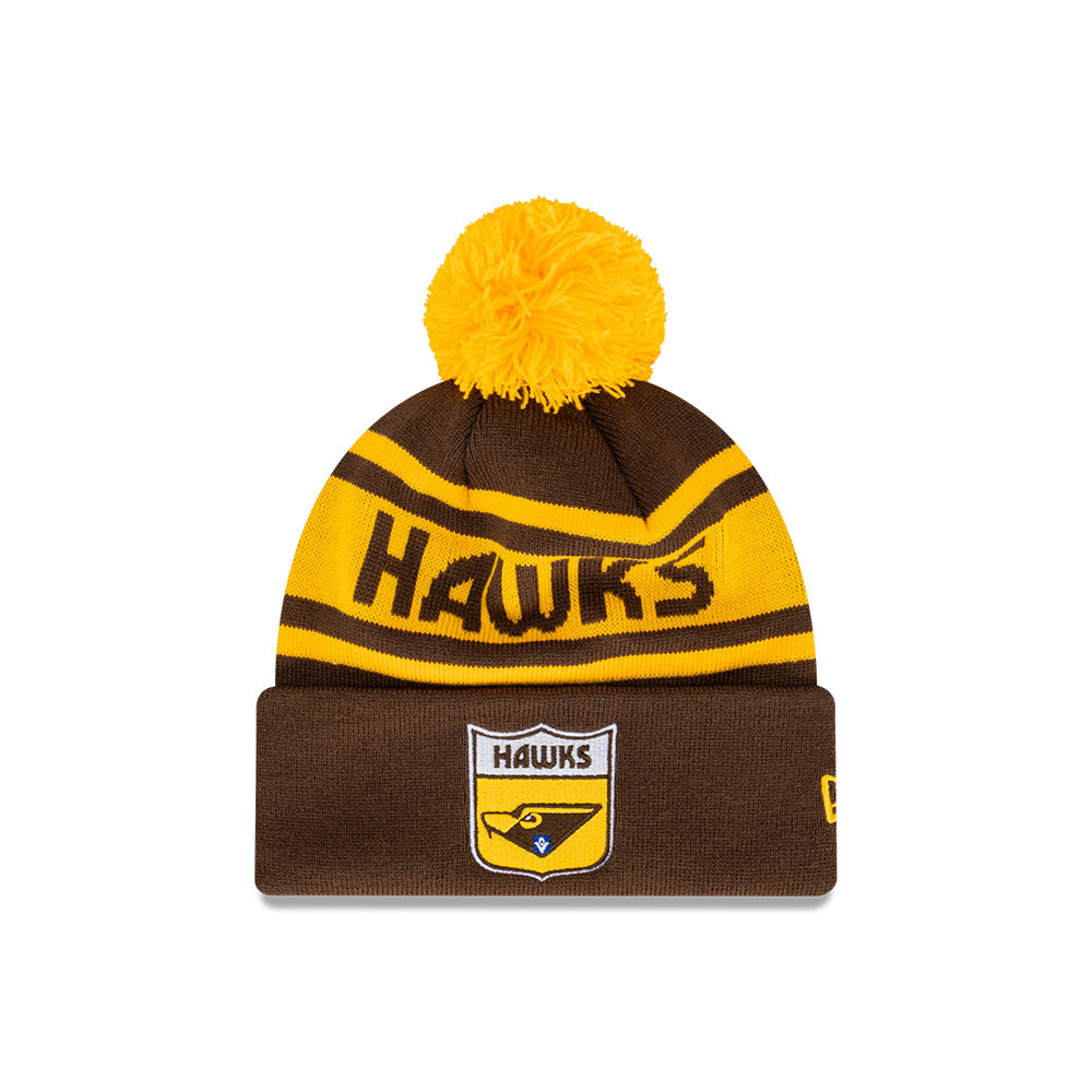 Hawthorn Hawks Beanie - 2024 AFL Brown Retro Spellout Pom Knit - New Era