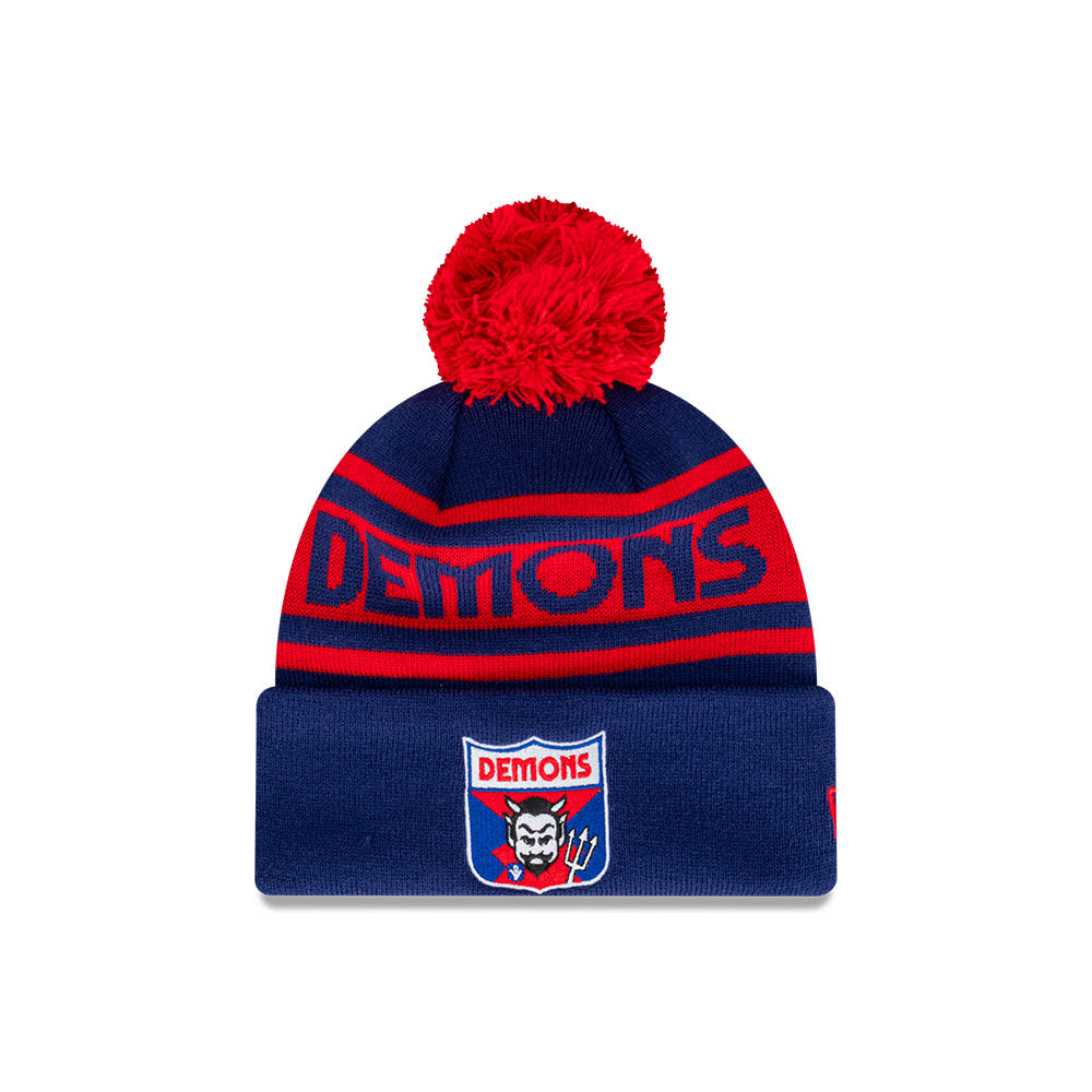 Melbourne Demons Beanie - 2024 AFL Blue Retro Spellout Pom Knit - New Era