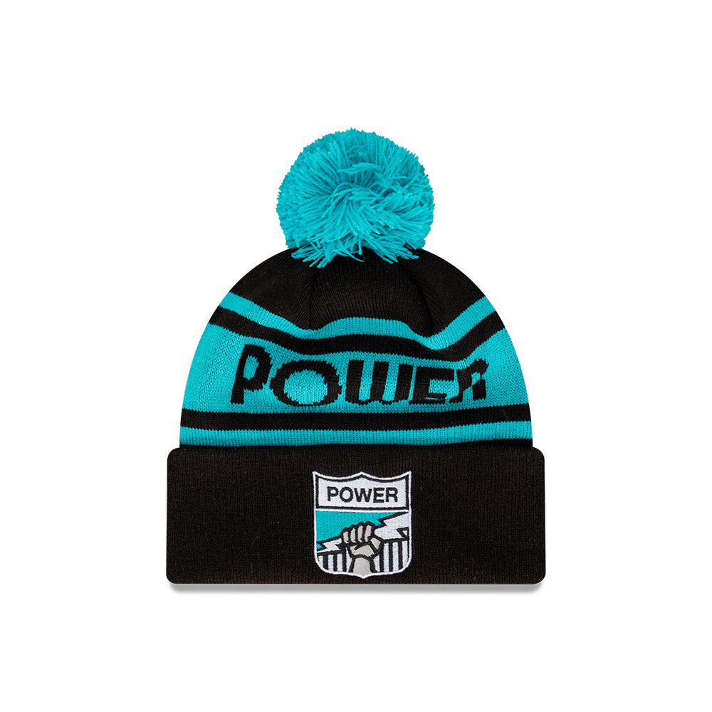 Port Adelaide Power Beanie - 2024 AFL Black Retro Spellout Pom Knit - New Era