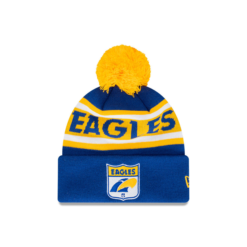 West Coast Eagles Beanie - 2024 AFL Blue Retro Spellout Pom Knit - New Era