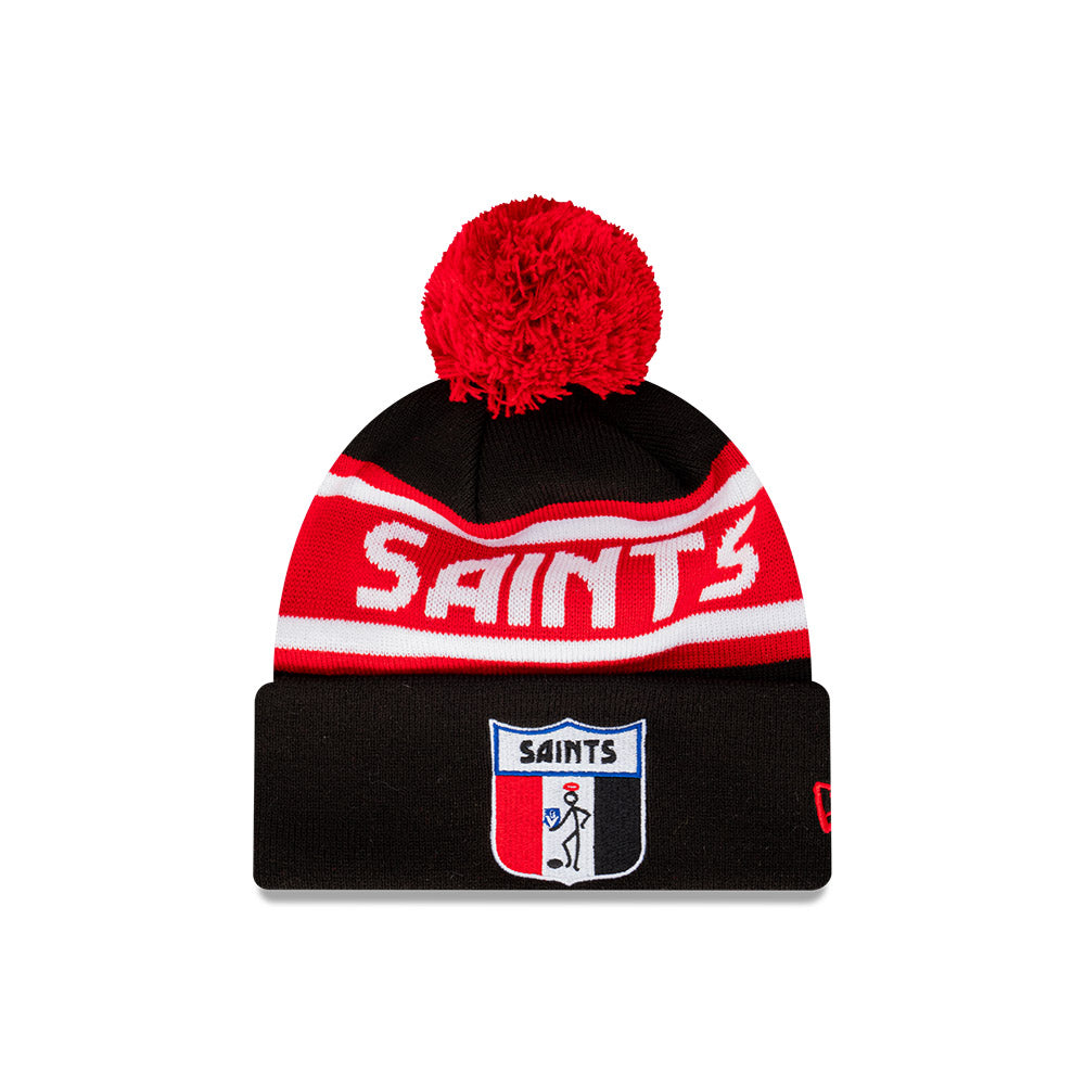 St Kilda Saints Beanie - 2024 AFL Black Retro Spellout Pom Knit - New Era