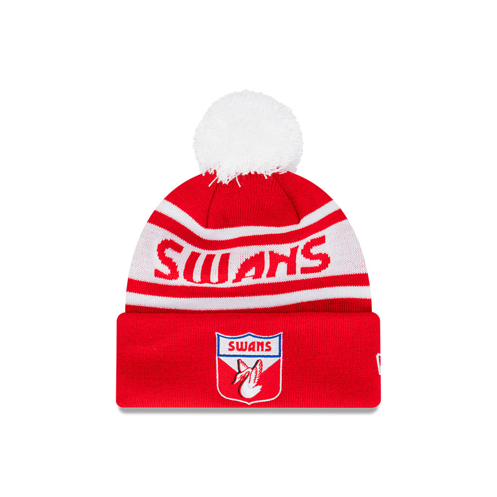 Sydney Swans Beanie - 2024 AFL Red Retro Spellout Pom Knit - New Era