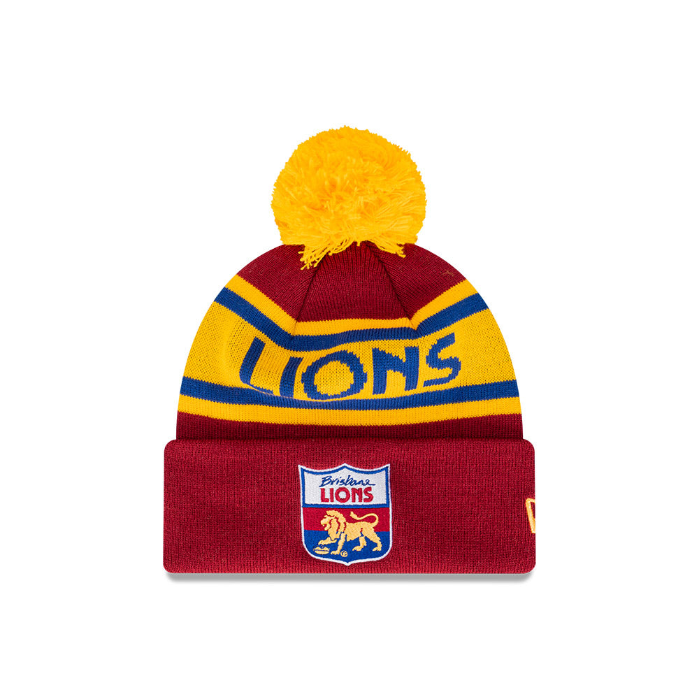 Brisbane Lions Beanie - 2024 AFL Maroon Retro Spellout Pom Knit - New Era