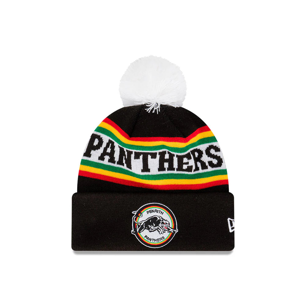 Penrith Panthers Beanie - 2024 NRL Black Retro Spellout Pom Knit - New Era