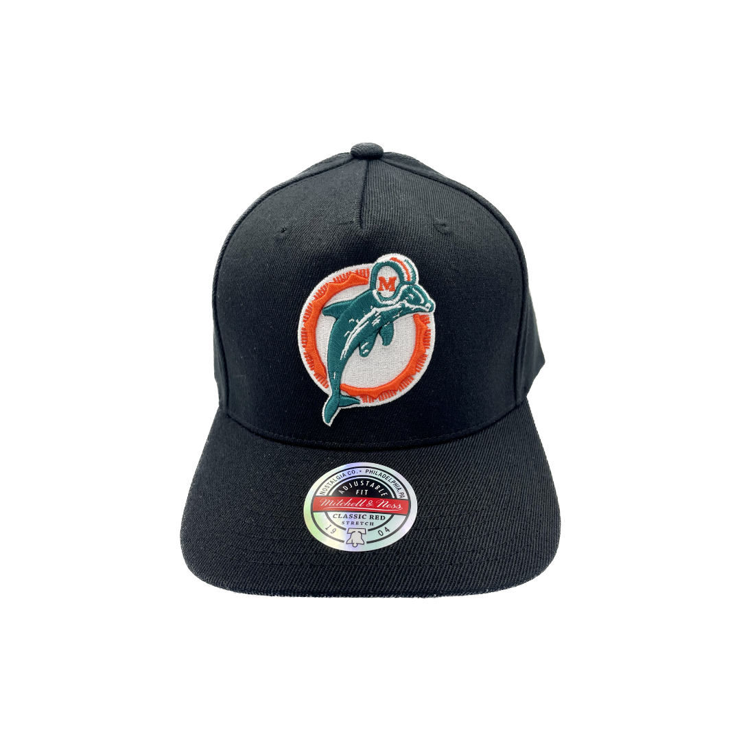 Miami Dolphins Hat - Black Team Evergreen Logo Snapback - Mitchell & Ness