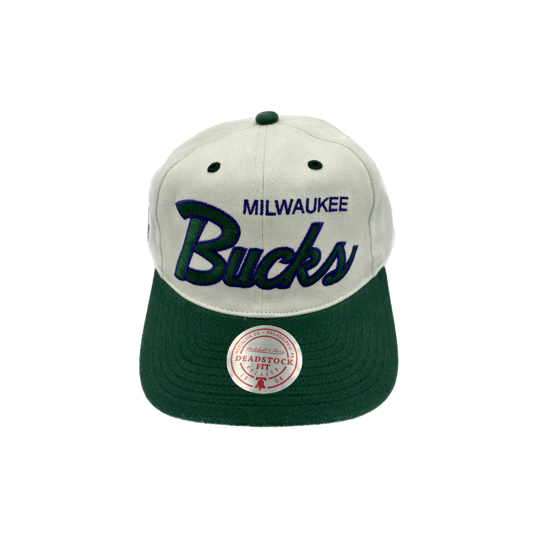 Milwaukee Bucks Hat - Deadstock Classic Script Green & White NBA Snapback Cap - Mitchell & Ness