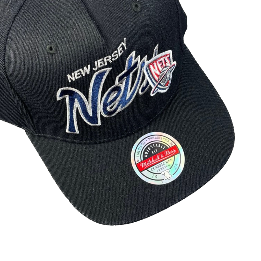 New Jersey Nets Hat - Black Classic Script Redline Snapback - Mitchell & Ness