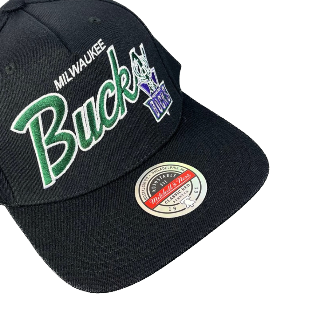 Milwaukee Bucks Hat - Black Classic Script Redline Snapback - Mitchell & Ness